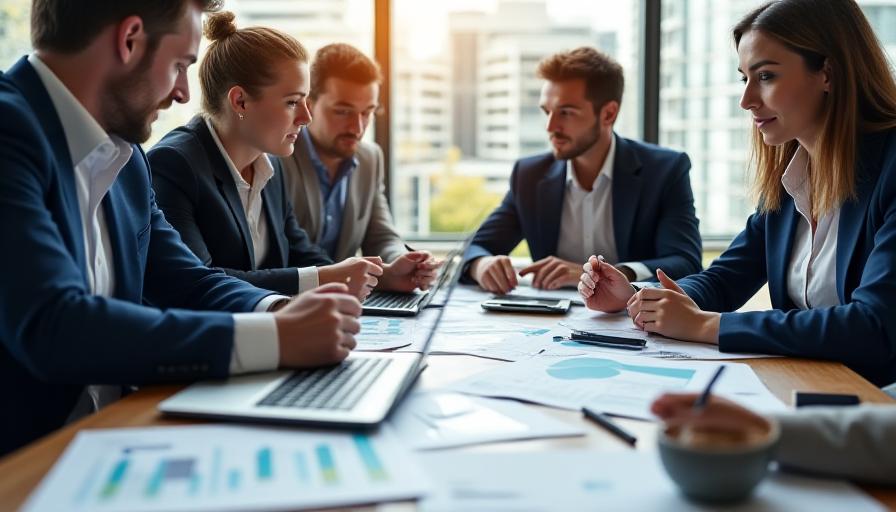 Consultores analizando documentos financieros en una mesa